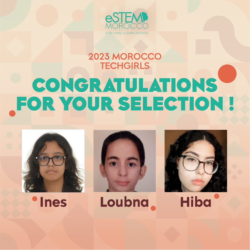 eSTEM_Morocco's tweet photo. Congratulations to the 2023 selected TechGirls from Morocco 🎉
Let the journey begin ✨
@TechWomen
@TechGirls
#TechGirls2023 #TWImpact #tech #STEM #Titrit #GirlsinSTEM #Morocco https://t.co/nuPkBsPv64