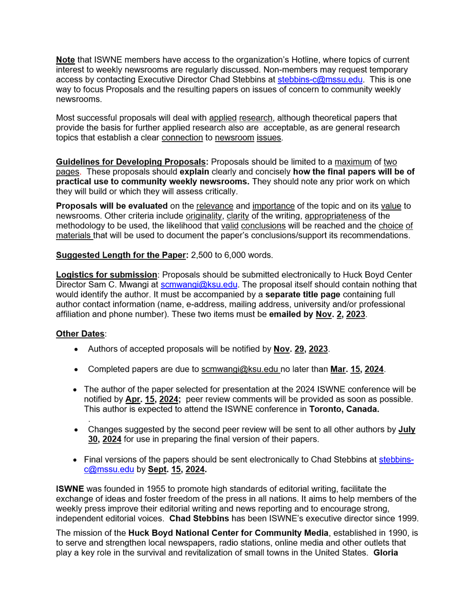 AEJMCComJIG's tweet photo. #ComJIG members: check out the details for next year's @ISWNE Huck Boyd research competition. Proposals are due Nov. 2. The 2024 conference is next summer in Toronto, Ontario, Canada. https://t.co/1mBMLG2wb1