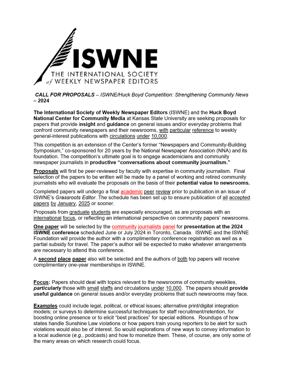 AEJMCComJIG's tweet photo. #ComJIG members: check out the details for next year's @ISWNE Huck Boyd research competition. Proposals are due Nov. 2. The 2024 conference is next summer in Toronto, Ontario, Canada. https://t.co/1mBMLG2wb1