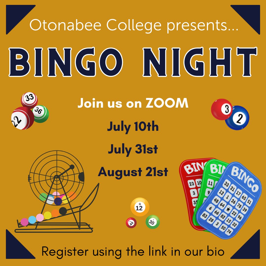 Do you like free goodies? If YES, then come play bingo with Otonabee College over ZOOM for a chance to win a prize bag! Dates are July 10th, July 31st and August 21st from 6-7pm. Prize bags must be picked up in the OC office! Save the dates and register using the link in our bio!