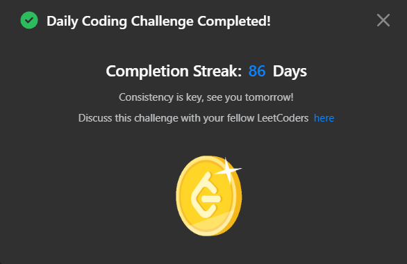 0NOSNA0's tweet photo. Daily Leetcode challenge Tweet:                                                                          
Day - 86  solved @LeetCode daily challenge  #100DaysOfCode #DSA #codinglife https://t.co/Q011mnN9PR