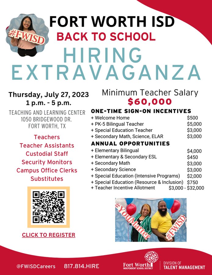 FWISD's July Hiring Extravaganza is set for Thursday, July 27! Join us from 1 p.m. until 5 p.m. at the FWISD Teaching and Learning Center! To register for the event: bit.ly/BackToSchoolHi….