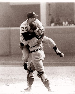 Bill Freehan and Mickey Lolich hug each other after the Tigers came back from a 3-1 deficit to win the 1968 World Series