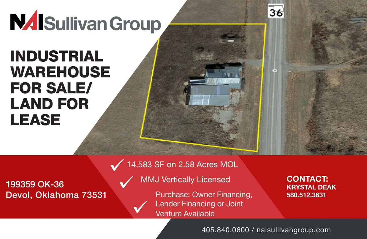 NAIRED_CRE's tweet image. Industrial Warehouse For Sale/Land For Lease at 199359 OK-36 in #DEVOL. Contact Krystal Deak For Info. #CRE #NAISullivanGroup #IndustrialForSale #LandForLease #CannabisFriendly buff.ly/42Mzf5o