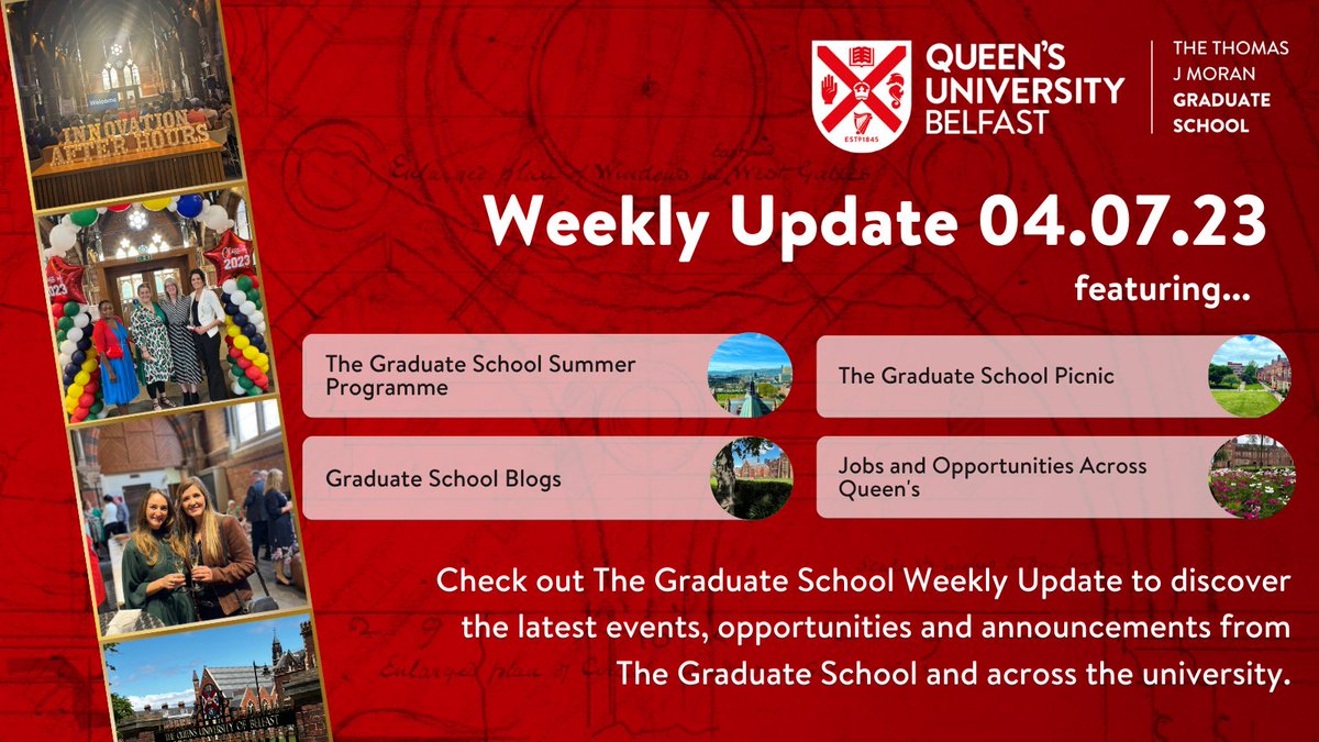 qubgradschool's tweet photo. It's time for our Weekly Update, your guide to the opportunities available to you as a member of our postgraduate community: https://t.co/AUvQ6kIpqX  

☀️ Graduate School Summer Programme 
✍️ Graduate School Blogs
🙋‍♀️ Jobs &amp; Opportunities across QUB 

#GraduateSchoolCommunity https://t.co/3Wp54iRgyH