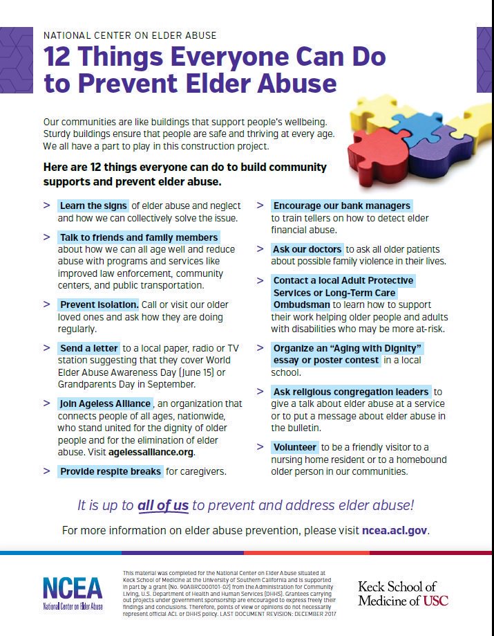 12 Things Everyone Can Do To Prevent #ElderAbuse eldermistreatment.usc.edu/wp-content/upl… 

#WEAAD #Alzheimers #dementia