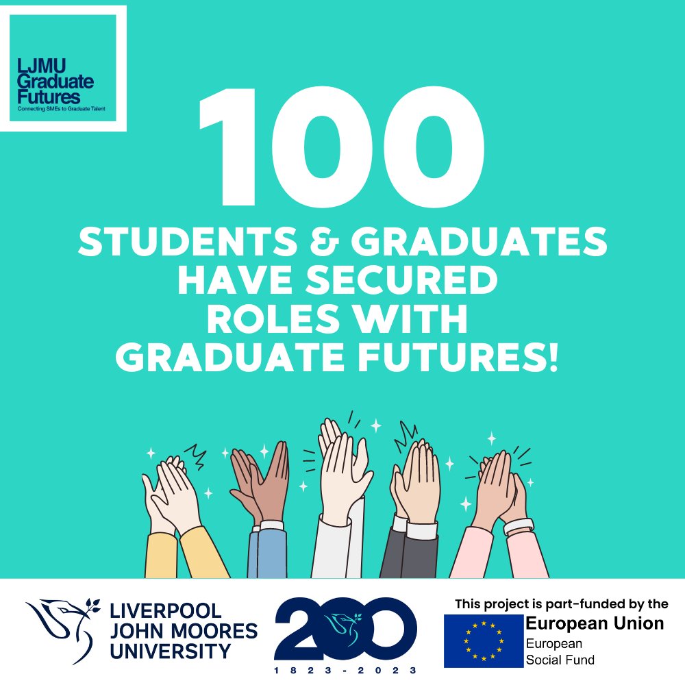 Our project has successfully connected 100 talented @LJMU students and graduates with incredible job opportunities in different industries! 

Congratulations to all 🎉

 #LJMUgrad #LJMUGF #LJMUtogether #LJMU #Studentadvice #Wellbeing #Graduate