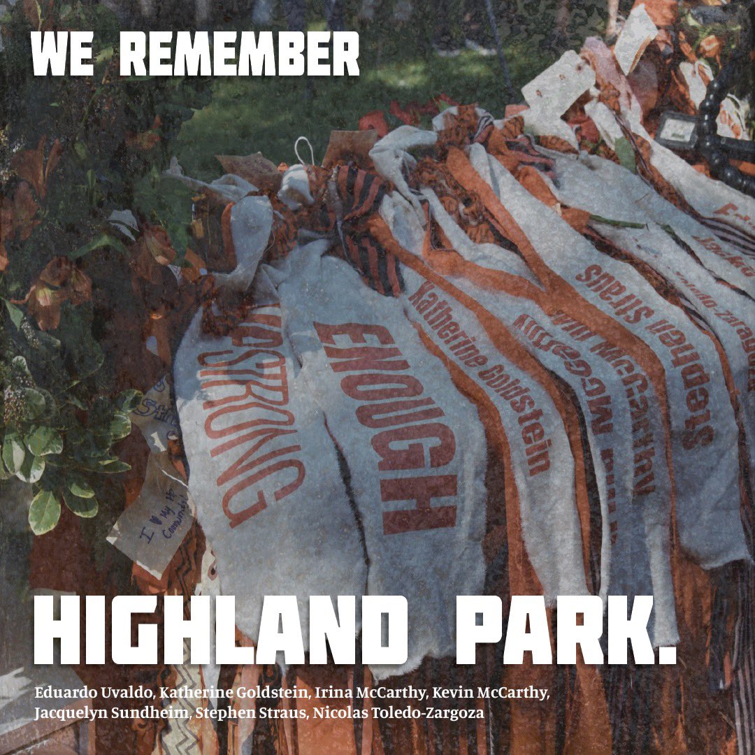 AMarch4OurLives's tweet photo. A year ago, the Highland Park, Illinois community was devastated and forever changed when a shooter opened fire during their Fourth of July parade, taking 7 lives and wounding 48.

We wish for endless healing in the community of Highland Park and honor those lost with action. https://t.co/SU5VgX4bRZ