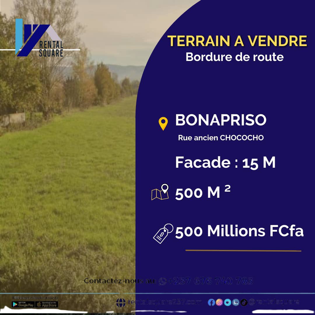 🔹🔹🔹TERRAIN A VENDRE

📍BONAPRISO
 ( bordure de route, Ancien chococho )

➡️ 500 m2 
➡️Façade : 15m
💰Prix : 500 Millions FCFA 

📞676740783 ( appels et whatsapp)

 #rentalsquare #immobilier #immobilierdeluxe #terrainavendreadouala #terrainàvendrebonapriso #bonapriso