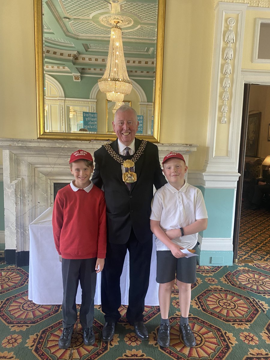 CullingworthVPS's tweet photo. We are delighted that our whole school approach to wellbeing and emotional support for our school community has been recognised.  Our two wellbeing warriors did the school proud today speaking about their role in school. We even got to meet the Lord Mayor of Bradford Gerry Barker https://t.co/2G09RiyUEP