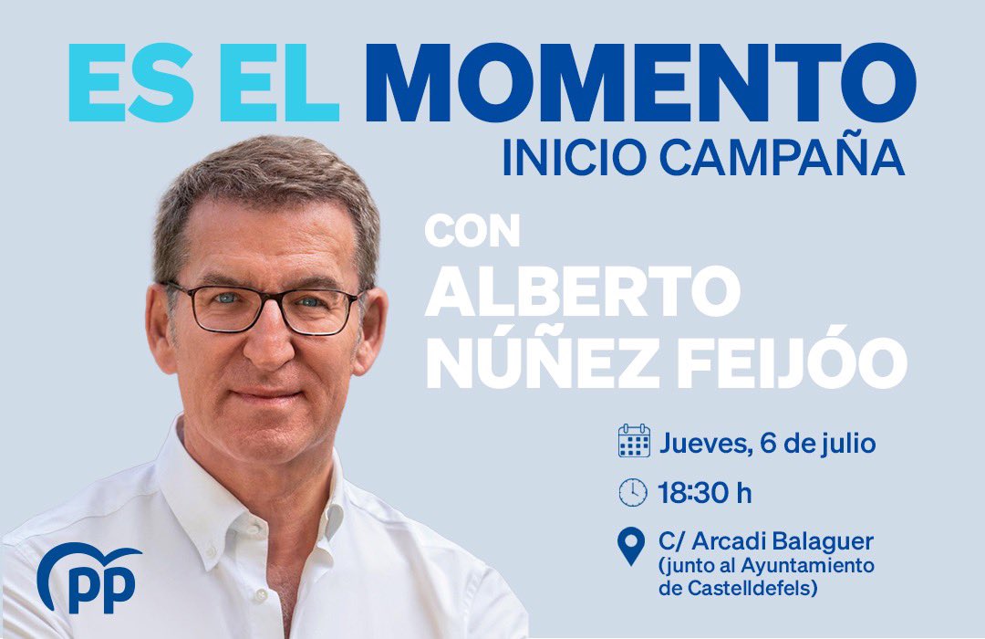 ppopularsvm's tweet photo. 📣 Este jueves empieza la campaña electoral.

✉️ El 23 de julio tenemos la oportunidad de cambiar las cosas.

ES EL MOMENTO

🔵 Puedes escuchar las propuestas del candidato a la presidencia del gobierno este jueves 6 a las 18.30 h en Castelldefels

#Elecciones23J #PartidoPopular https://t.co/rZC86wBz90