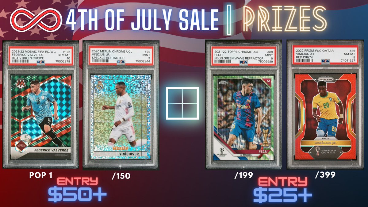 infinitecards00's tweet image. 12:45pm EST - ♾ 4th of July 

Stackers w $25+ and $50+ will draw for the prizes shown

Weekend stack value will over. Guess the amount of current stackers below for a chance at $15 credit

I will draw 5 ppl who RT this for Free Shipping as well. 

500+ cards. See yall soon 🤝🔥