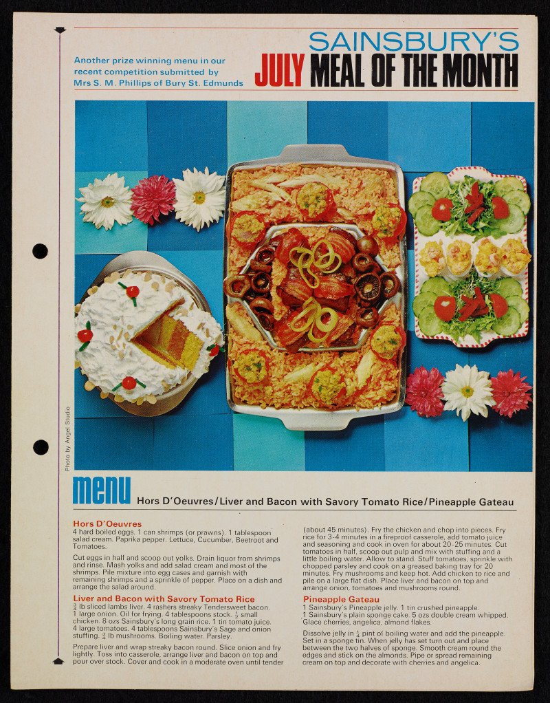 It's a new month - and that means, a new Meal of the Month, from July 1969. Hors D'Oeuvres; Liver and Bacon with Savory Tomato Rice; Pineapple Gateau.