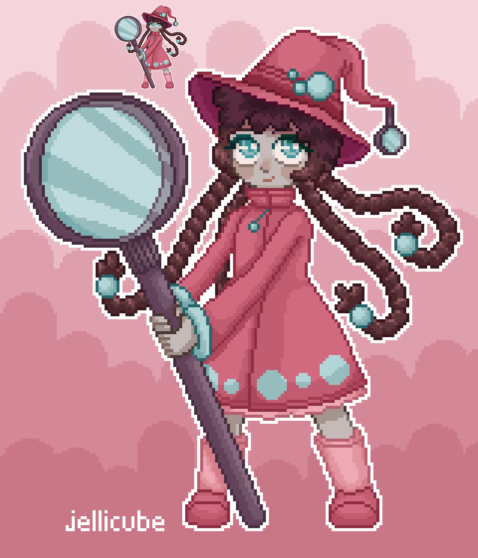 here's a #pixelart attack of @Kudadaze's character aimery! i really like the design and color palette! her braids are so cute~ 🧙‍♀️🔎☺️ #artfight #artfight2023 #artfightvampires