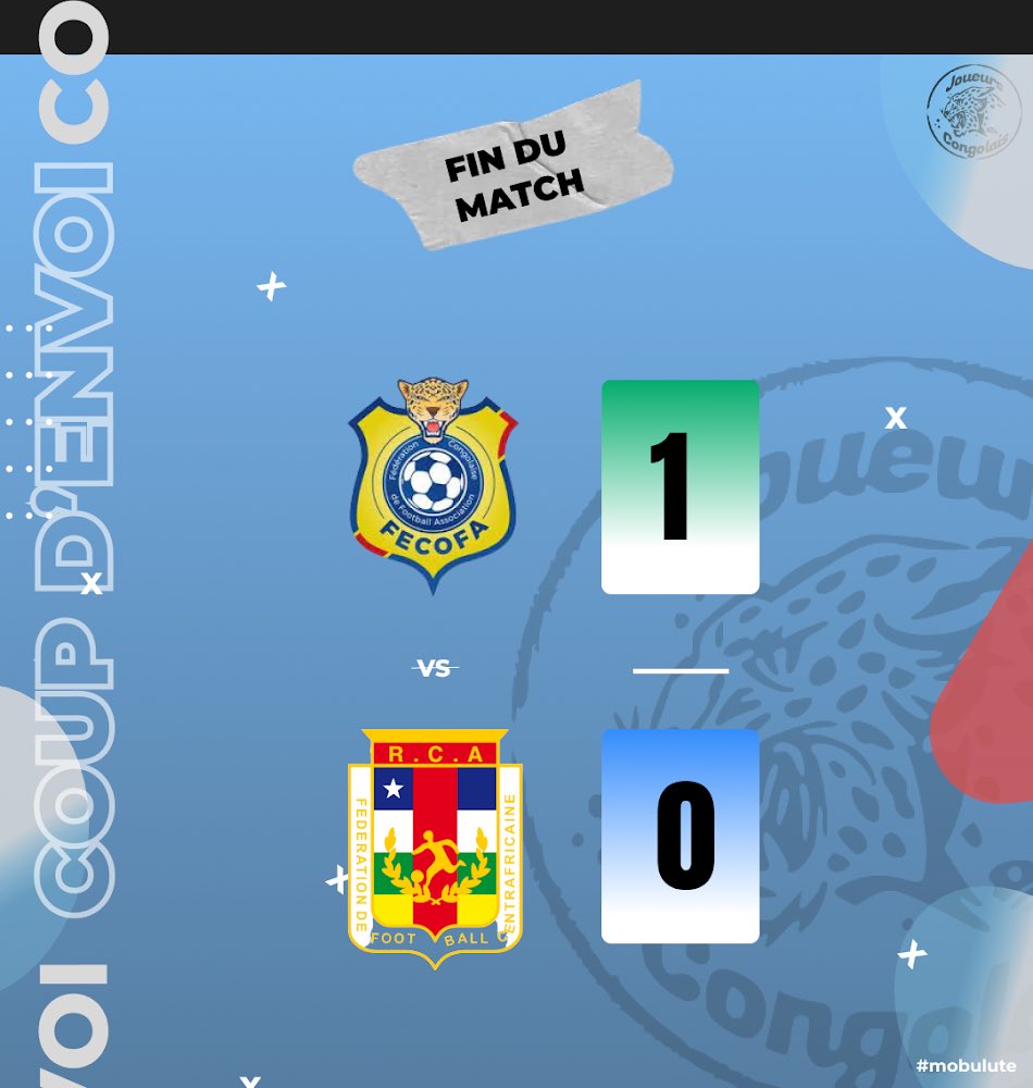 JoueursCD's tweet photo. 🇨🇩 vs 🇨🇫 |
1-0
⏱️FIN DU MATCH
Victoire des léopards 1-0 grâce à un but de Chris Mbede à la 38ème minute. Un match moins flamboyant dans le jeu mais l’essentiel est là pour les joueurs de Guy Bukasa. Prochain match vendredi.
#RDCRCA #UNIFFAC #FatshiCup | #Mobulute🐆 https://t.co/frWGE37k4d