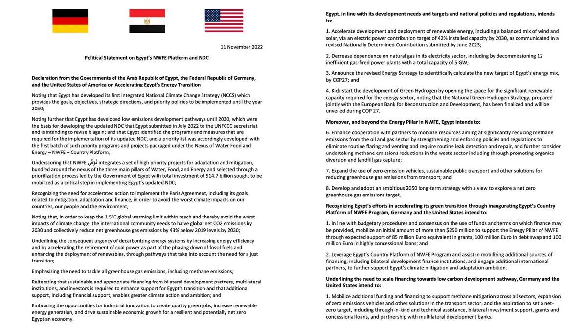 RaniaAlMashat's tweet photo. During #COP27, #Egypt, #USA, & #Germany agreed on a political declaration whereby #Egypt accelerates its green transition by reaching 42% renewable energy in the energy mix by 2030 instead of 2035. On June 26, #Egypt updated its NDCs and finalized a debt swap to support the transmission grids. Moreover, renewable energy investments with a capacity of 3,700 megawatts have already been signed with the private sector. 

Updated NDCs: https://t.co/xoMMW8obQc  

Political Declaration: https://t.co/tlaw6Pdh0j