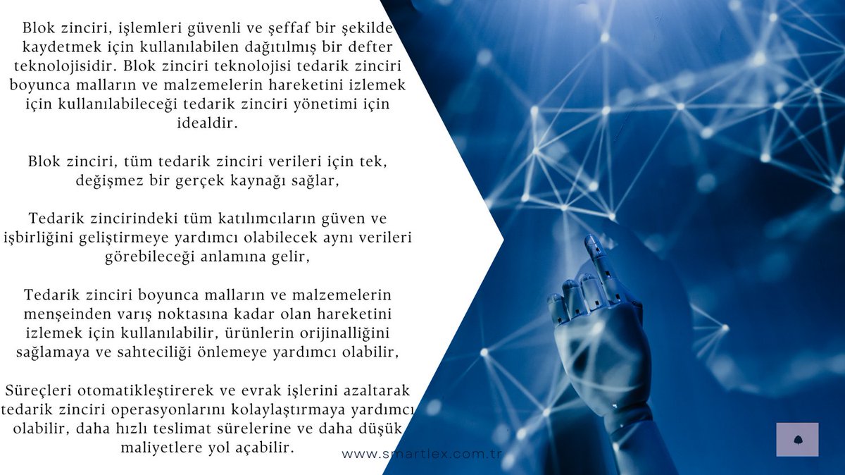 SmartlexTR's tweet image. Blok zinciri teknolojisi lojistikten tedarik zincirine pek çok alanda kullanılmaktadır. Şeffaflık, takip edilebilirlik ve verimlilik en etkin şekilde bu teknoloji ile gelişmektedir. Otomatikleşme gelecekte karşımıza sıkça çıkacaktır. #blockchain #supplychain #automatedsystems