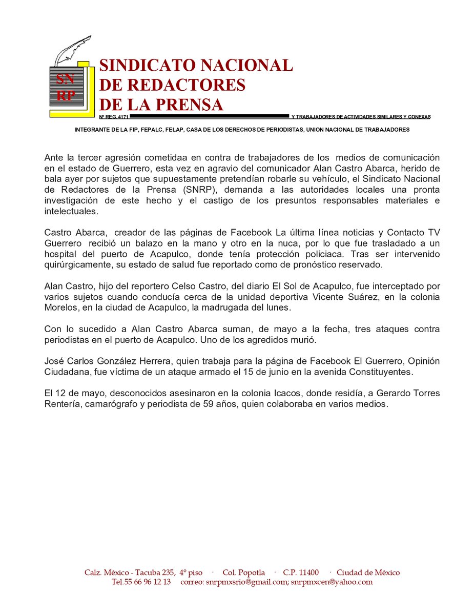 #México🇲🇽: Acompañamos a <a href="/MexSNRP/">Sindicato Nacional de Redactores de la Prensa</a> en la condena del ataque al periodista Alan Castro, que recibió dos balazos al salir de su casa en un presunto robo. Exigimos a las autoridades una pronta investigación, garantías para la labor de la prensa y proteger la libertad de expresión.