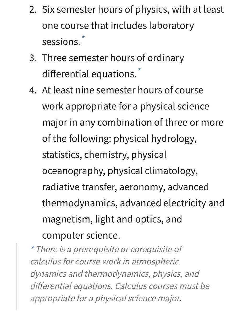 JadeoradeWx's tweet photo. For students who are wanting the possibility of going into the NWS (or related) one day, I think it’s important we reiterate the basic requirements. There’s several schools out there who offer met degrees, but do not fulfill these requirements. Plan ahead! https://t.co/J8xnC5ijnJ
