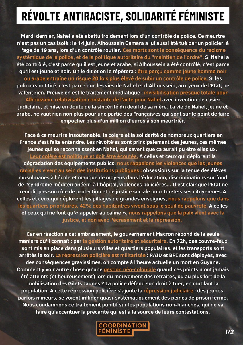 CoordFeministe's tweet image. [#Communiqué] : RÉVOLTE ANTIRACISTE, SOLIDARITÉ FÉMINISTE🔥
Le racisme est solidaire du patriarcat et du capitalisme, et ces luttes ne peuvent se mener séparément. 

#justicepourNahel  #racisme #racismedanslapolice #feministe #Emeutes #cagnottedelahonte
