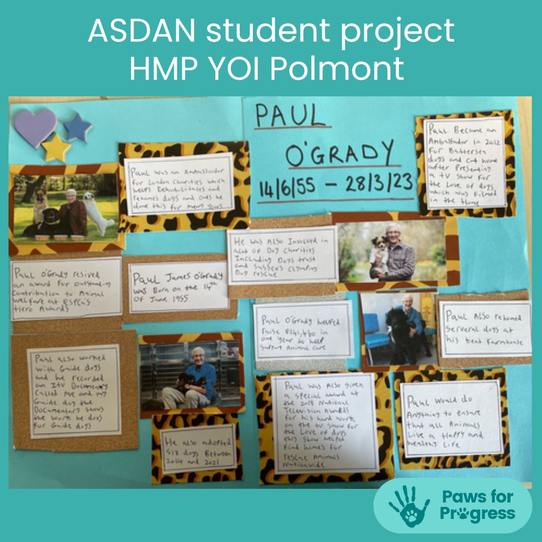 Excited to showcase one of our talented students at HMP YOI Polmont @scottishprisons 🎉 As part of their @ASDANeducation coursework they created this beautiful poster highlighting the amazing work of the late Paul O'Grady🐶 We're so proud of our student's hard work & commitment🌟