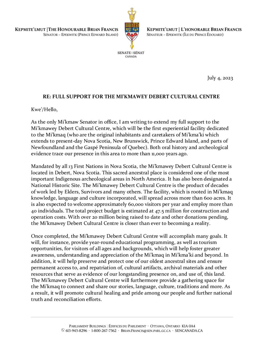 BrianFrancisPEI's tweet image. I am in full support of the Mi'kmawey Debert Cultural Centre. 

Read my letter ⬇️

@mikmaweydebert