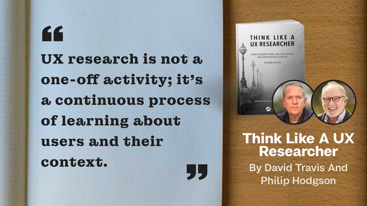 📙 Think Like a UX Researcher: How to Observe Users, Influence Design, and Shape Business Strategy
by  @userfocus , Philip Hodgson 

🛒 amazon.com/Think-Like-UX-…

#uxresearch #userexperience #uxdesign #uxstrategy #uxcareer #uxbook #thinklikeauxresearche #davidtravis #philiphodgson