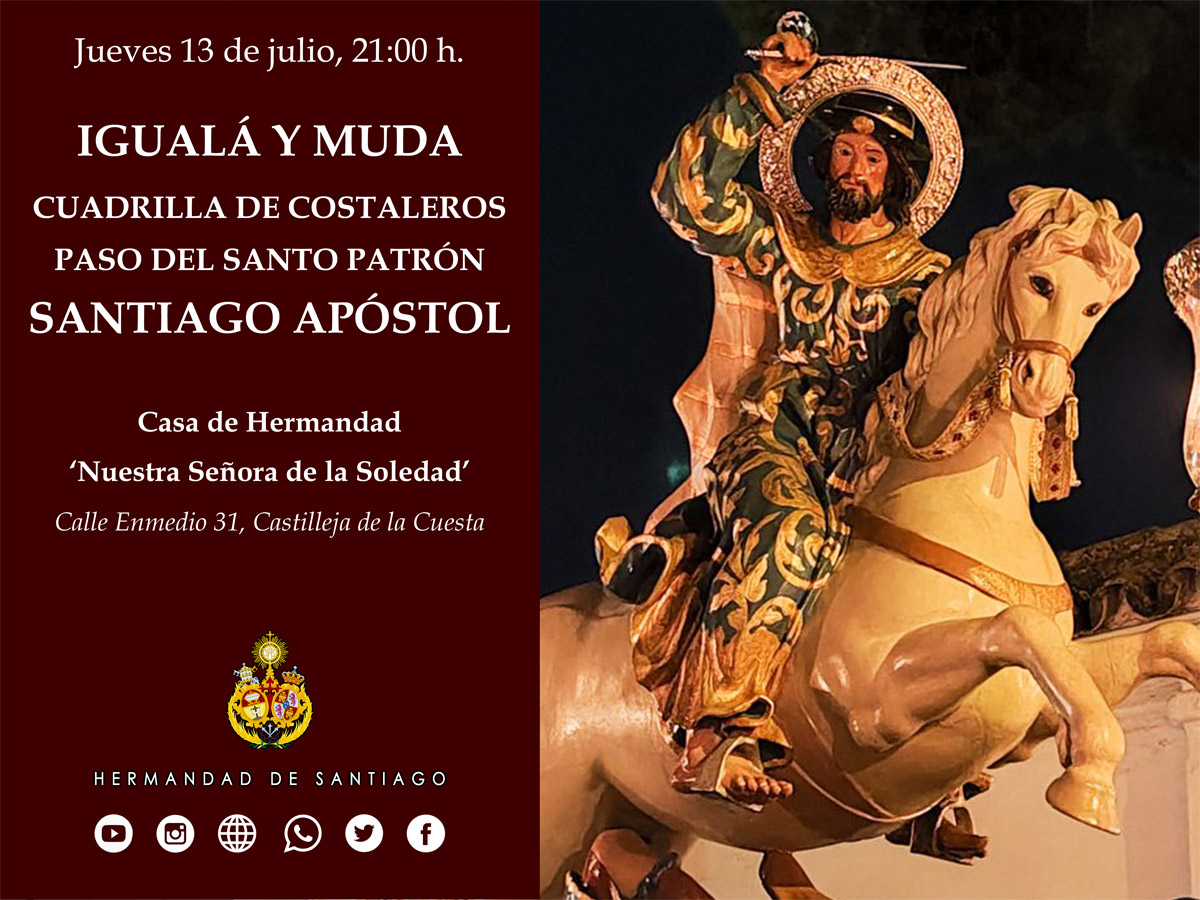 HdadSantiago's tweet photo. 🔴 El 25 de julio, día del Patrón de España y #Castilleja de la Cuesta. Santiago Apóstol

El jueves día 13 de julio. Igualá de la cuadrilla de costaleros del Santo Patrón Santiago Apóstol y mudá de su paso procesional.

📸@jomabacha

#FiestasPatronalesCastilleja #TDSCofrade https://t.co/sXYddGLrZj