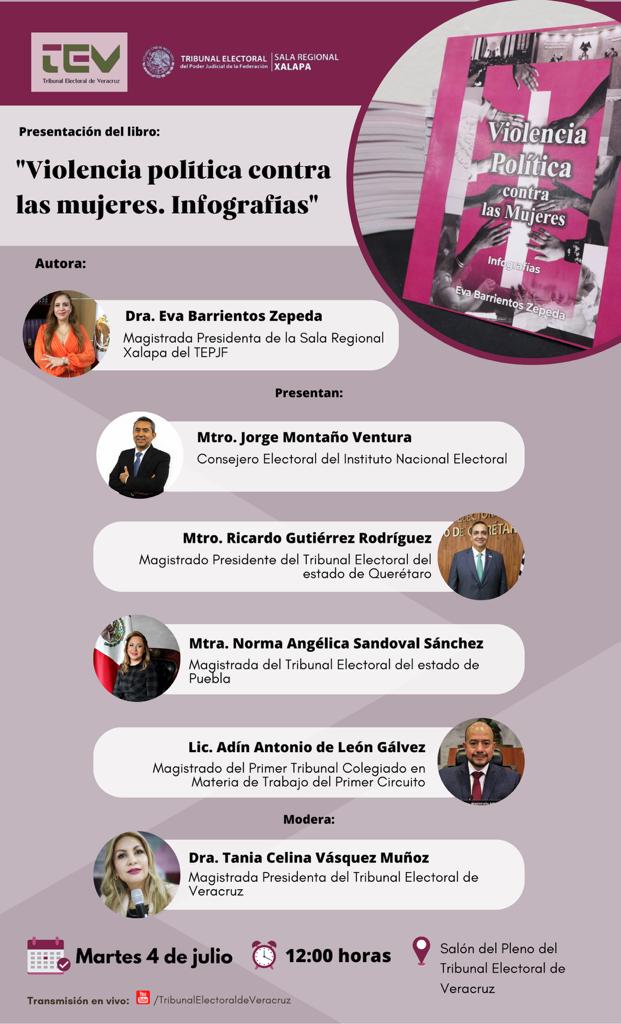 TEPJF_XAL's tweet photo. ⏲️12:00 horas
Te invitamos a la presentación del libro “Violencia Política contra las mujeres. Infografías”, de la autoría de la Magda presidenta @EvaBarrientosZe I Comentan la obra: @Montano_Ventura, @Tanis_Vas, @Legal1970, @MagdoRGutierrez y @NormAngelik I Vía @TEVeracruz https://t.co/P5CmrWY2g3