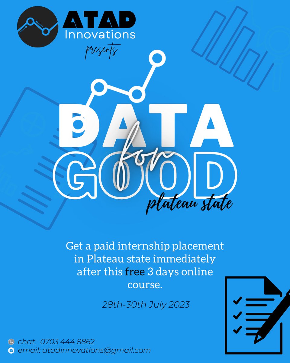 Hello Jos, Here is an opportunity to get a paid internship in Plateau state after attending this free class. Sign up Here: forms.gle/YNxRLFxaeb9W4X… Share this with your friends and family ✅ Please RT and mention others. Sponsored by @atadinnovations