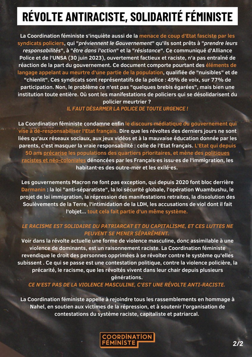 CoordFeministe's tweet image. [#Communiqué] : RÉVOLTE ANTIRACISTE, SOLIDARITÉ FÉMINISTE🔥
Le racisme est solidaire du patriarcat et du capitalisme, et ces luttes ne peuvent se mener séparément. 

#justicepourNahel  #racisme #racismedanslapolice #feministe #Emeutes #cagnottedelahonte