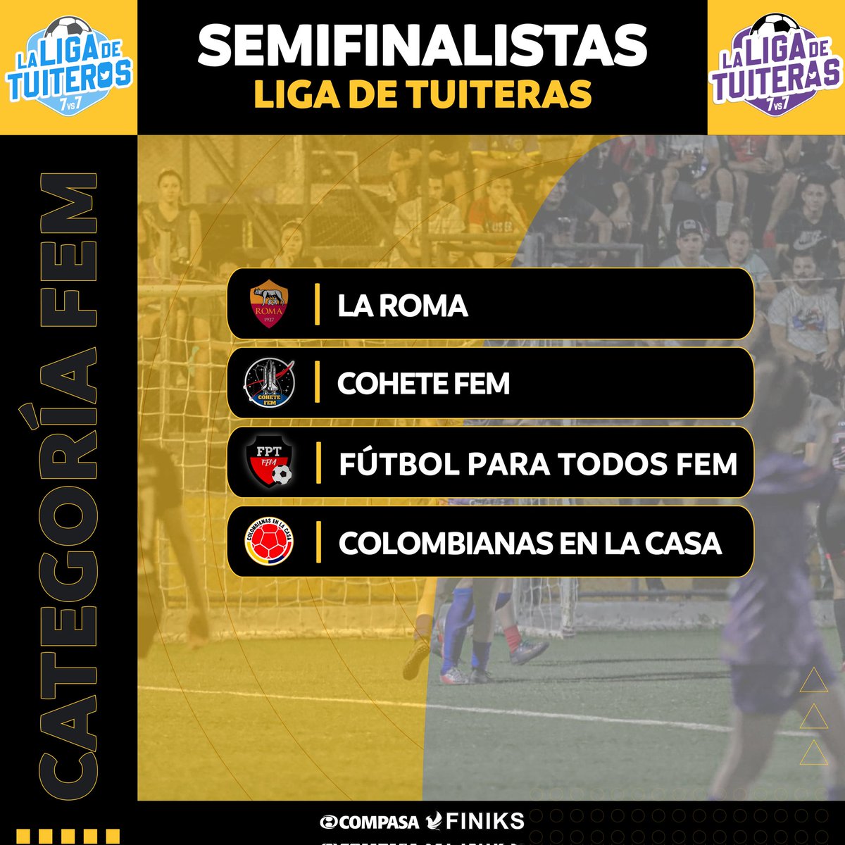 ligadetuiteros's tweet photo. Ya están los semifinalistas de la Categoría Femenina 🙌⚡

Todo está listo para empezar a vivir las llaves que tendrán como resultado a los equipos finalistas. 

Mañana, partidos de ida 🔥

#UnaLigaMásGrande https://t.co/EfnRapptsk