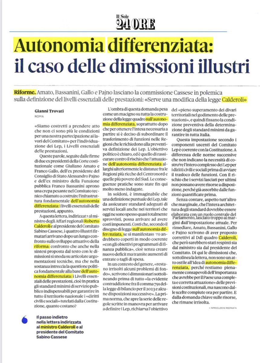 4 dimissioni dal Comitato Cassese: serviva a coprire le  deficienze dell’#autonomiadifferenziata  di Calderoli. Per stabilire i costi dei Lep c’era la Commissione  fabbisogni standard. Ma  avrebbe detto che il Lep trasporti vale 15 miliardi, Lep istruzione 21 e Lep salute 48.