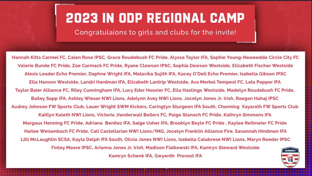 IndianaODP's tweet image. Congratulations to all clubs, players, schools and coaches involved.  These players were invited to attend the Midwest ODP Regional Camp.
Girls Camp- July 7-9 
Boys Camp- July 14-16 
soccerindiana.org/congratulation…

@usysodp @SoccerIndiana @USYouthSoccer