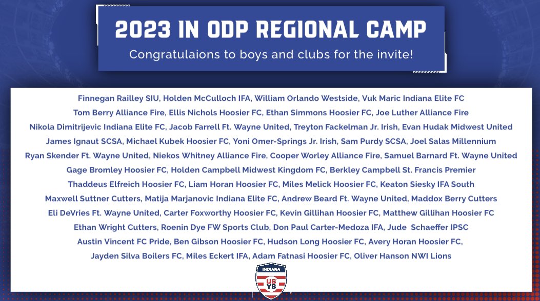 IndianaODP's tweet image. Congratulations to all clubs, players, schools and coaches involved.  These players were invited to attend the Midwest ODP Regional Camp.
Girls Camp- July 7-9 
Boys Camp- July 14-16 
soccerindiana.org/congratulation…

@usysodp @SoccerIndiana @USYouthSoccer