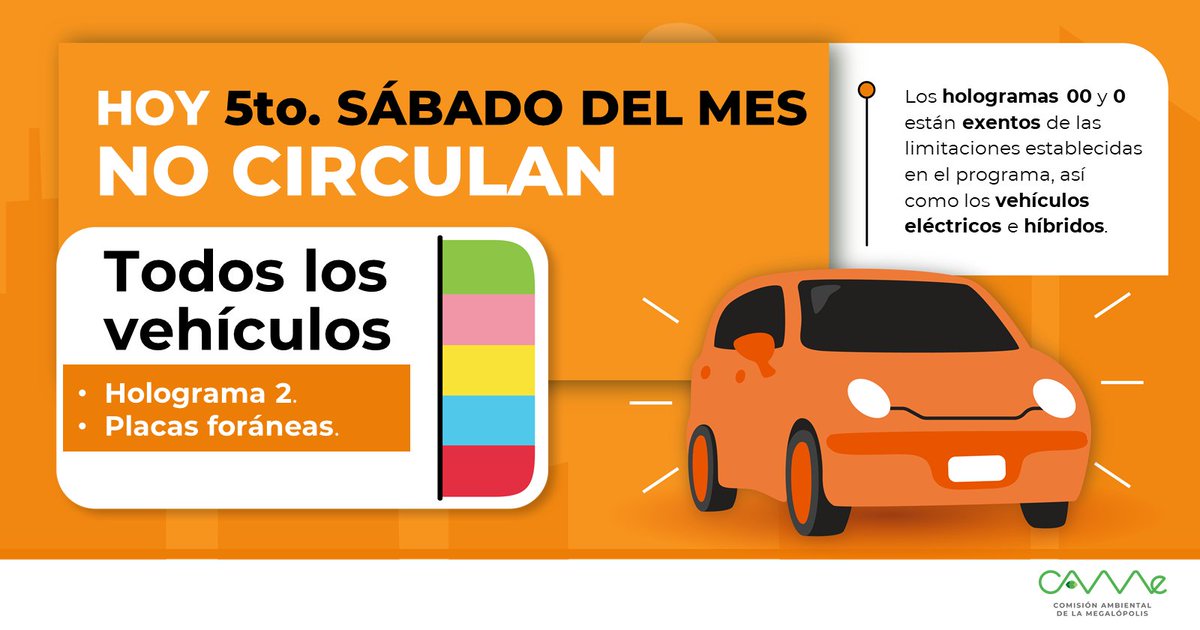 CAMegalopolis's tweet photo. 📣#QueNoSeTePase 
¡Buenos días!
El #HoyNoCircula para este 𝟓𝐭𝐨. 𝐬𝐚́𝐛𝐚𝐝𝐨  𝐝𝐞 junio en la #ZMVM es para TODOS los vehículos con HOLOGRAMA 2.
✅Exentos: eléctricos e híbridos, hologramas 00 y 0, en esta fecha podrán circular los  🚘con HOLOGRAMA 1 https://t.co/sxCnOUremu