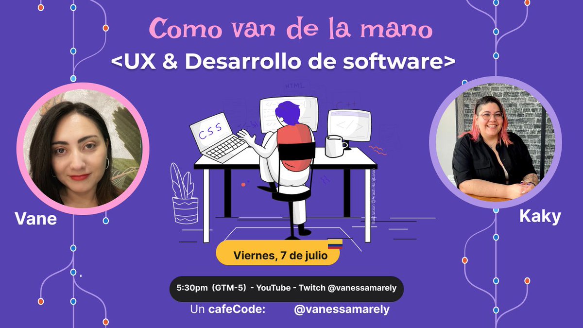 vanessamarely's tweet image. 📢 Este viernes tenemos #cafeCode 📷 En esta sesion  Kaky, nos contara sobre como el UX va de la mano del desarrollo de software 📷  

#twitch twitch.tv/vanessamarely

en @YouTube 
youtube.com/watch?v=TSmysS…