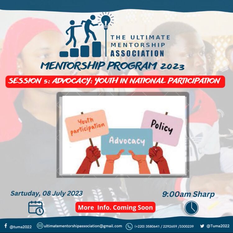 Tuma2022's tweet photo. #TUMA: SESSION 5
We are excited to inform you about our fifth session, which will focus on the  topic of #Advocacy: #Youth In #National #Participation. Advocacy plays a crucial role in ensuring that the #voices of young people are heard in national decision-making processes https://t.co/rQIyM5Q7to