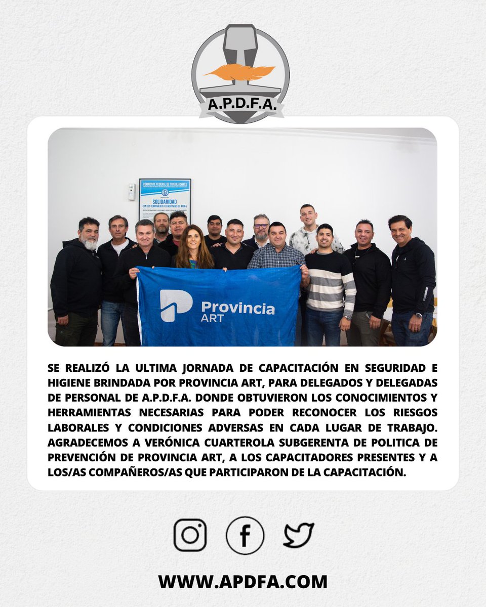 apdfanacional's tweet image. Se realizó la ultima jornada de Capacitación en Seguridad e Higiene brindada por Provincia ART, para Delegados y Delegadas de personal de A.P.D.F.A. donde obtuvieron los conocimientos y herramientas necesarias para poder reconocer los riesgos laborales y condiciones adversas