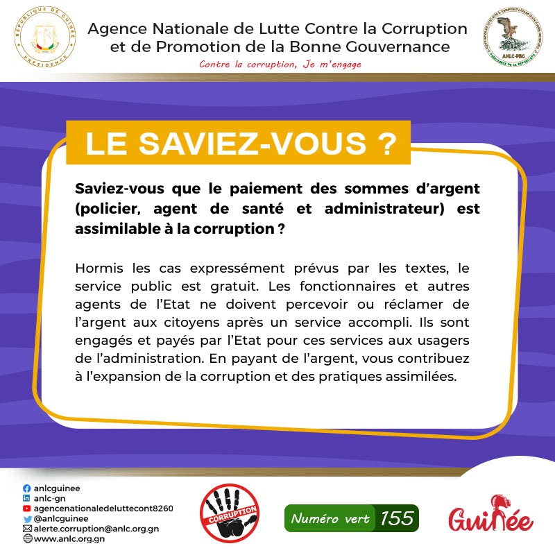 Retrouvez chaque mardi dans la rubrique " le saviez-vous" des informations instructives relatives à l'<a href="/anlcguinee/">ANLC-PBG</a>.
Suivez-nous sur nos différentes pages sociales
#ANLC_PBG #CNRD #contrelacorruptionjemengage #luttecontrelacorruption #StopCorruption #BonneGouvernance #Guinee