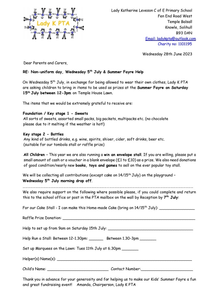 Please see letter below regarding non-uniform day tomorrow and a request for help at the Summer Fayre.
