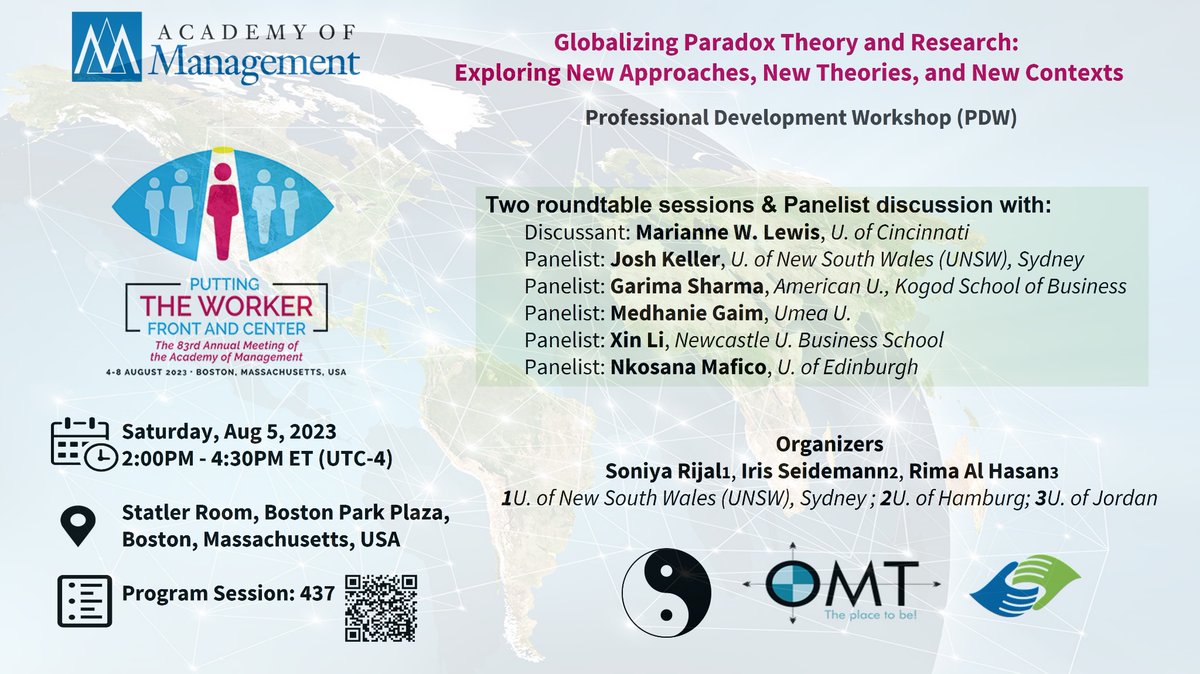 Dr Rima Al Hasan (@rimaalhasan3) on Twitter photo Join us in #AOM2023 in Boston in our PDW on the “Globalizing Paradox Theory and Research: Exploring New Approaches, New Theories, and New Contexts” ☯️
🗓️ 5th August, at 14:00-16:30pm ET
<a href="/AOMConnect/">Academy of Management</a> <a href="/AOM_OMT/">OMT Division</a> <a href="/cms_aom/">AOM CMS Division</a> <a href="/paradox_bothand/">Paradox Community</a> Join us in #AOM2023 in Boston in our PDW on the “Globalizing Paradox Theory and Research: Exploring New Approaches, New Theories, and New Contexts” ☯️
🗓️ 5th August, at 14:00-16:30pm ET
<a href="/AOMConnect/">Academy of Management</a> <a href="/AOM_OMT/">OMT Division</a> <a href="/cms_aom/">AOM CMS Division</a> <a href="/paradox_bothand/">Paradox Community</a>