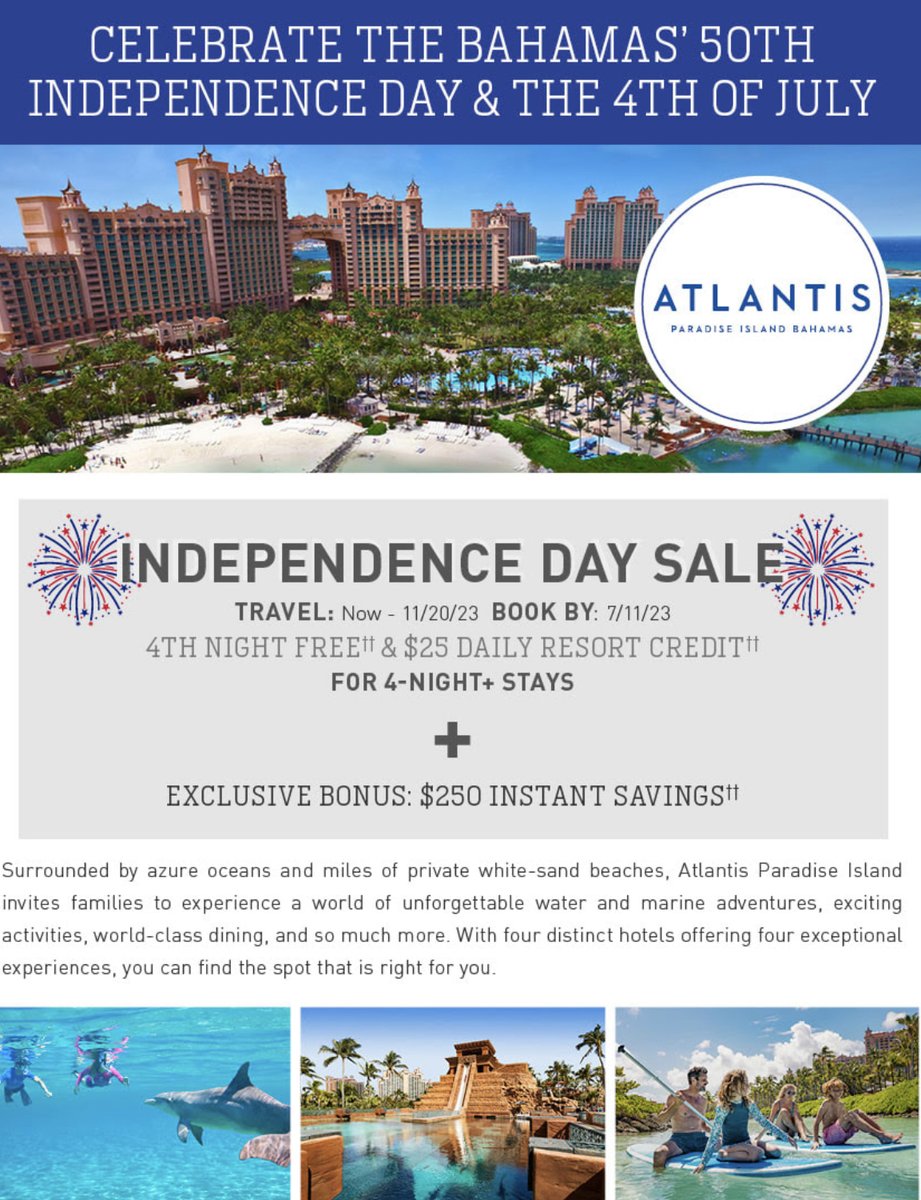 Sunnystarr1's tweet photo. Independence Day Sale @ Atlantis in the Bahamas!
Contact KJH World Travel today! #travelBahamas #Bahamas #AtlantisTravel #atlantissale https://t.co/VQqDCM0ugm