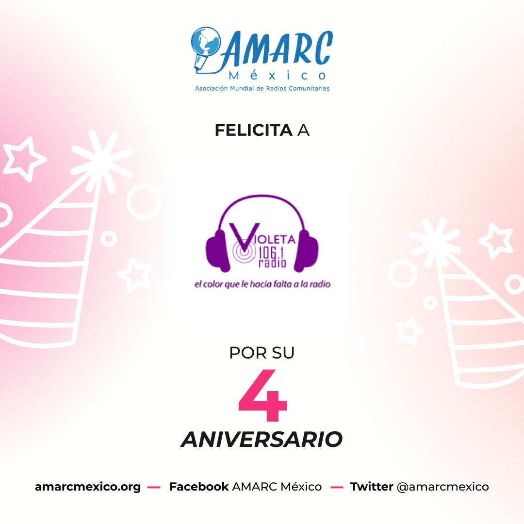 amarcmexico's tweet photo. ¡Estamos de festejo por el 4 Aniversario de @VioletaRadio_FM!  El 1 de julio de 2019 salió al aire y se abrieron los micrófonos para la primera radio comunitaria y feminista de la CDMX. ¡Muchos abrazos para toda la comunidad violeta! El color que le hacía falta a la radio. https://t.co/3qtbgqrfbO