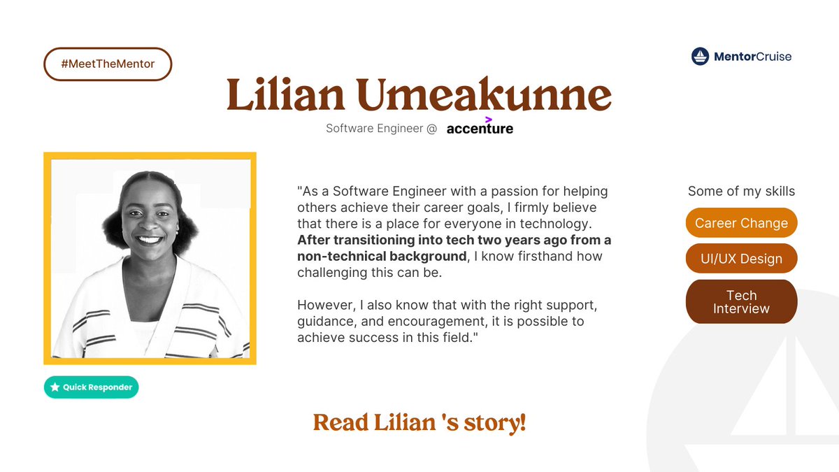 📣 Introducing <a href="/lilian_adaoma/">The Lilian Chinelo</a>, a talented software engineer at Accenture! 🚀

Her inspiring journey in the tech industry is a must-read for aspiring professionals. Learn from her experiences and gain valuable insights!💻

mentorcruise.com/blog/lilian-um…