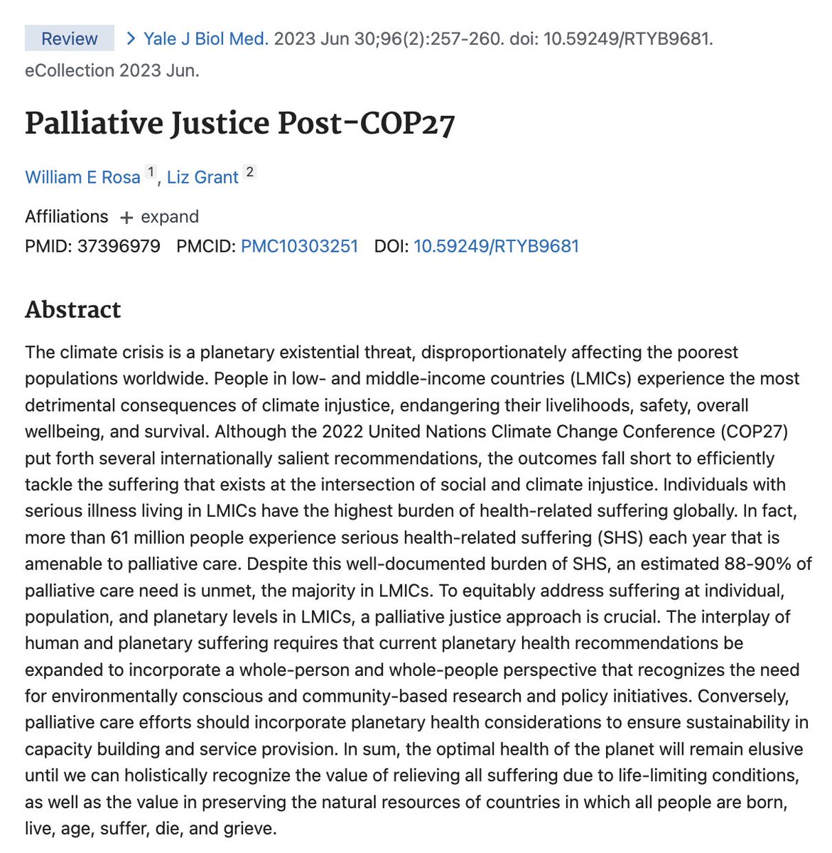🚨In <a href="/theYJBM/">Yale J Biol Med</a>, <a href="/lizgrant360/">liz grant</a> &amp; I tackle a disproportionate double burden of suffering shouldered by LMICs-the existential #ClimateCrisis &amp; morally unacceptable lack of #PalliativeCare access➡️ #Planetaryhealth must include whole-people considerations.🌐🌊🌳 ncbi.nlm.nih.gov/pmc/articles/P…