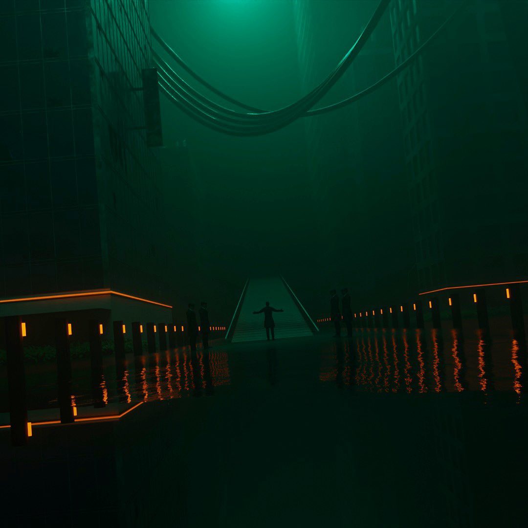 🌆 Uncharted Exploration: Join the leader in traversing foggy dimensions, where large structures loom. Delve into the depths of the unknown and follow the allure of light reflecting off forgotten surfaces. #blender3d #conceptart #fantasyart #artinspires #art #nft #render