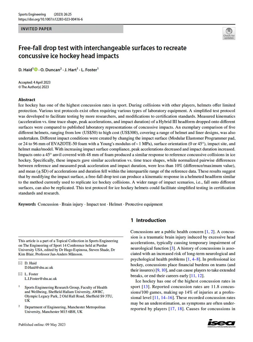 ISEA_Journal's tweet photo. Check this article "Free-fall drop test with interchangeable surfaces to recreate concussive ice hockey head impacts" https://t.co/WOdOZlnxss #wintersports #hockey #icehochey #headimpacts #headcollision #headinjury #sportstech #sportsegineering #sportstechnology. https://t.co/kHoUnl2vsj