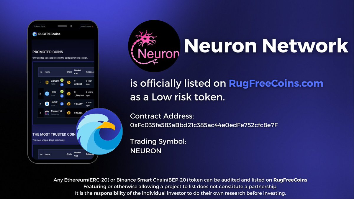 rugfreecoins's tweet photo. " @Neuronengine has been reviewed and listed on RugFreeCoins as a low-risk token.
https://t.co/dC6AoTwbc1
#rugfreecoins #scamfree #NeuronNetwork https://t.co/bWR65DowG2 https://t.co/qTDguIC14g