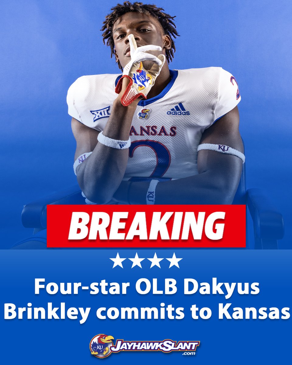 JayhawkSlant's tweet photo. BREAKING: Four-star OLB Dakyus Brinkley commits to KU.

We have the details on his decision and why the Jayhawks have the best pass-rush duo we have seen in 20 years. #kufball 

LINK: https://t.co/Zoh9j5Wa8s https://t.co/xOPjxtvr0A